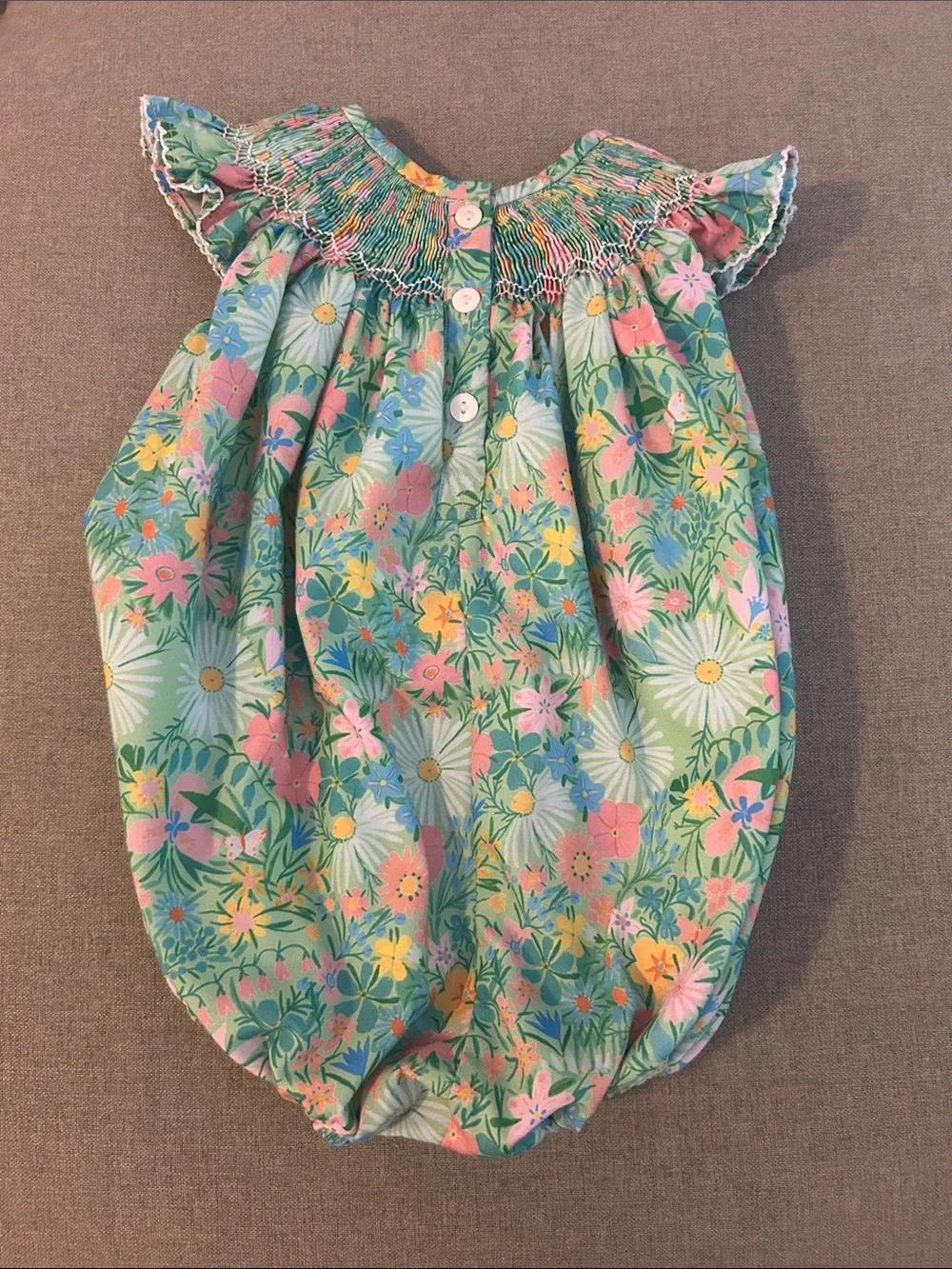 Floral Smocked Bunny Bubble Romper - Green & Pink